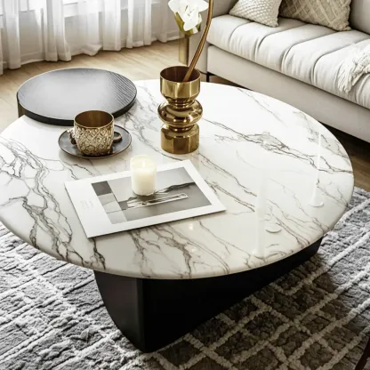 Elegant White Marble Round Wood Coffee Table Image - 2