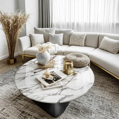 Elegant White Marble Round Wood Coffee Table Image - 3