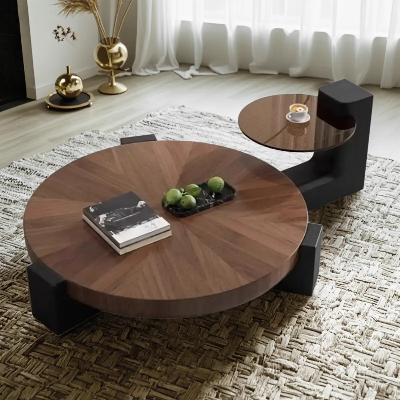 Modern Round Wooden Glass Top Coffee Table Image - 1 | homeyfad