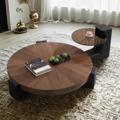 Modern Round Wooden Glass Top Coffee Table Image - 1