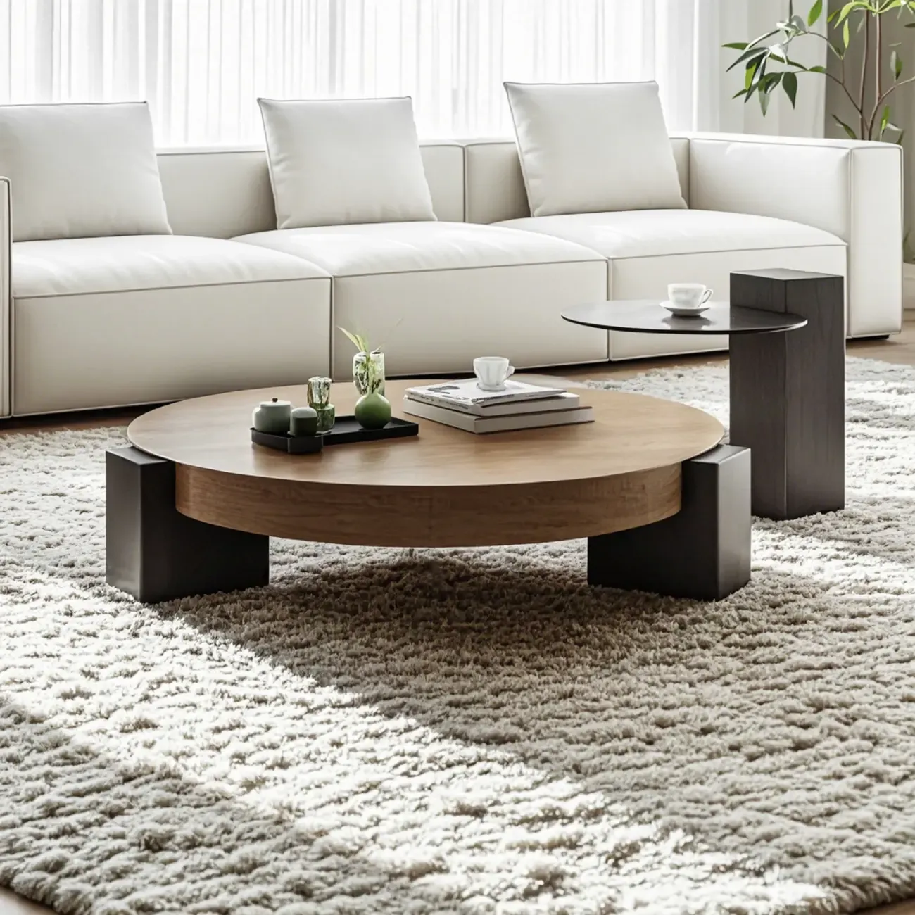 Modern Round Wooden Glass Top Coffee Table Image - 2