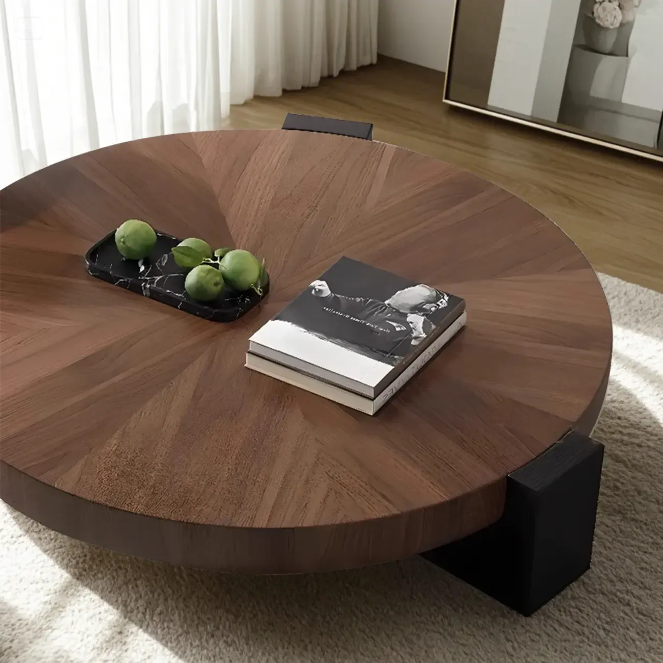 Modern Round Wooden Glass Top Coffee Table Image - 3