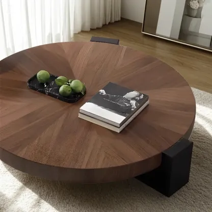 Modern Round Wooden Glass Top Coffee Table Image - 3
