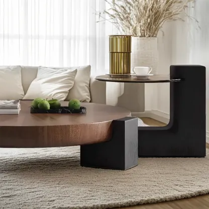 Modern Round Wooden Glass Top Coffee Table Image - 5