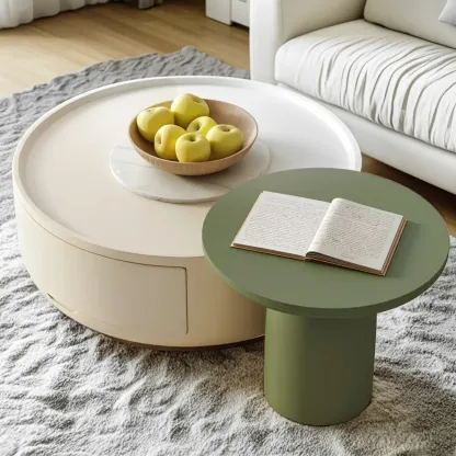 White Round Modern Drum Wood Coffee Table Image - 1