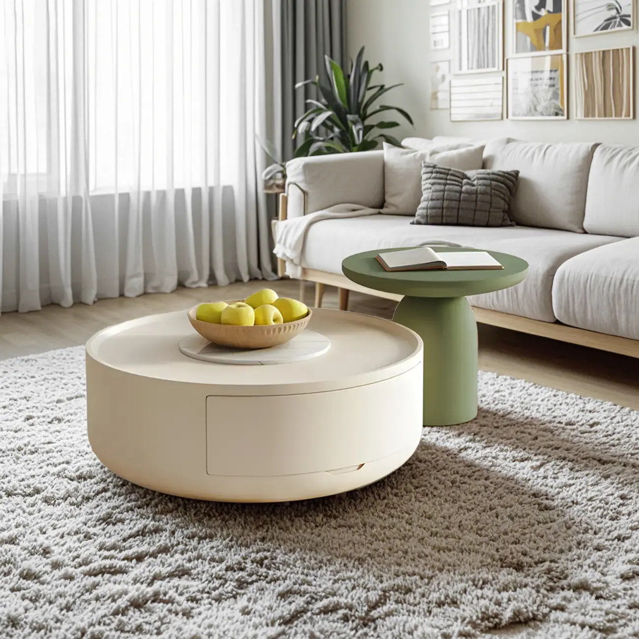 White Round Modern Drum Wood Coffee Table Image - 2 | homeyfad