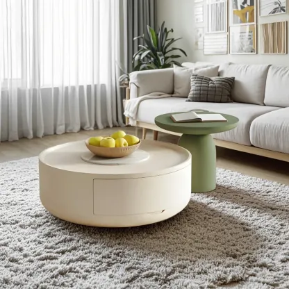White Round Modern Drum Wood Coffee Table Image - 2
