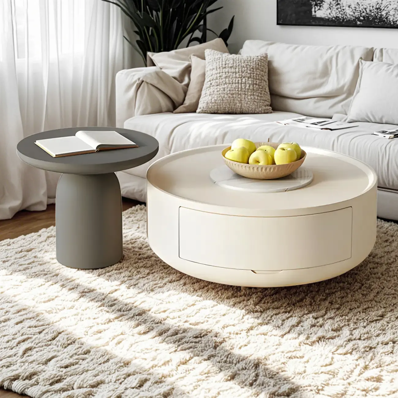 White Round Modern Drum Wood Coffee Table Image - 3 | homeyfad