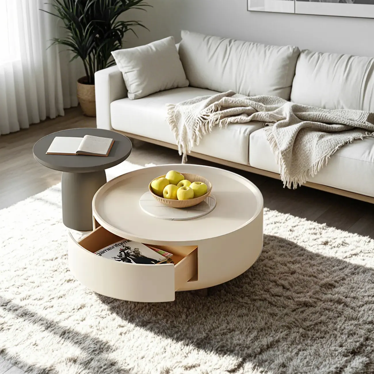 White Round Modern Drum Wood Coffee Table Image - 4 | homeyfad