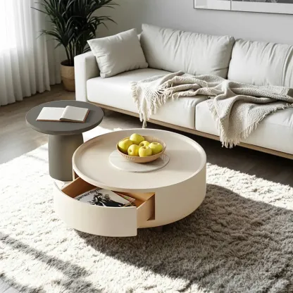 White Round Modern Drum Wood Coffee Table Image - 4