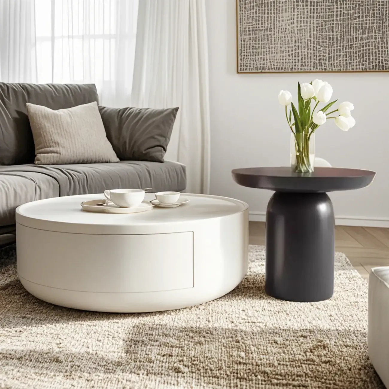 Modern Wood Black White Round Drawer Coffee Table Image - 1