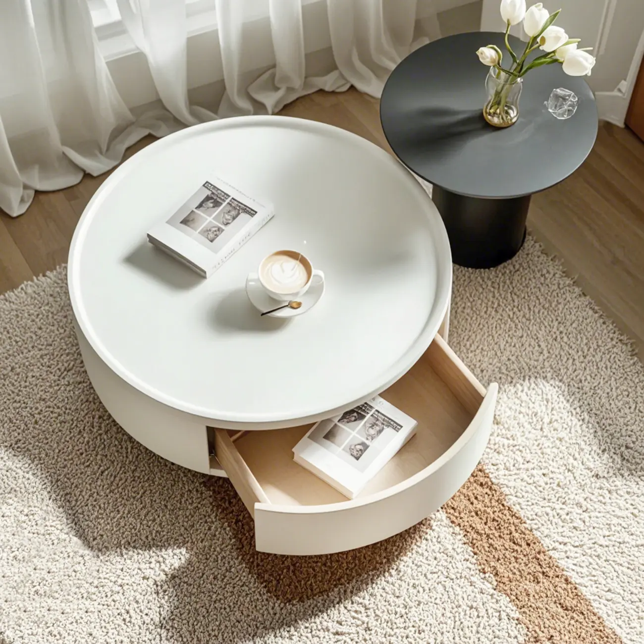 Modern Wood Black White Round Drawer Coffee Table Image - 2 | homeyfad