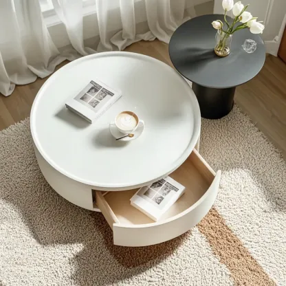 Modern Wood Black White Round Drawer Coffee Table Image - 2