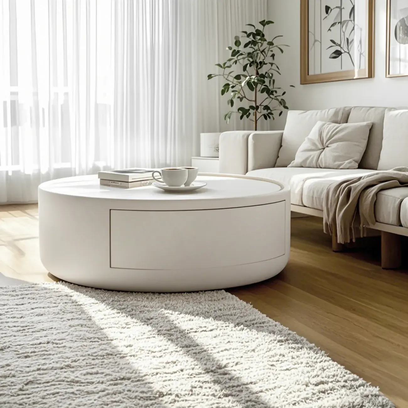 Modern Wood Black White Round Drawer Coffee Table Image - 3
