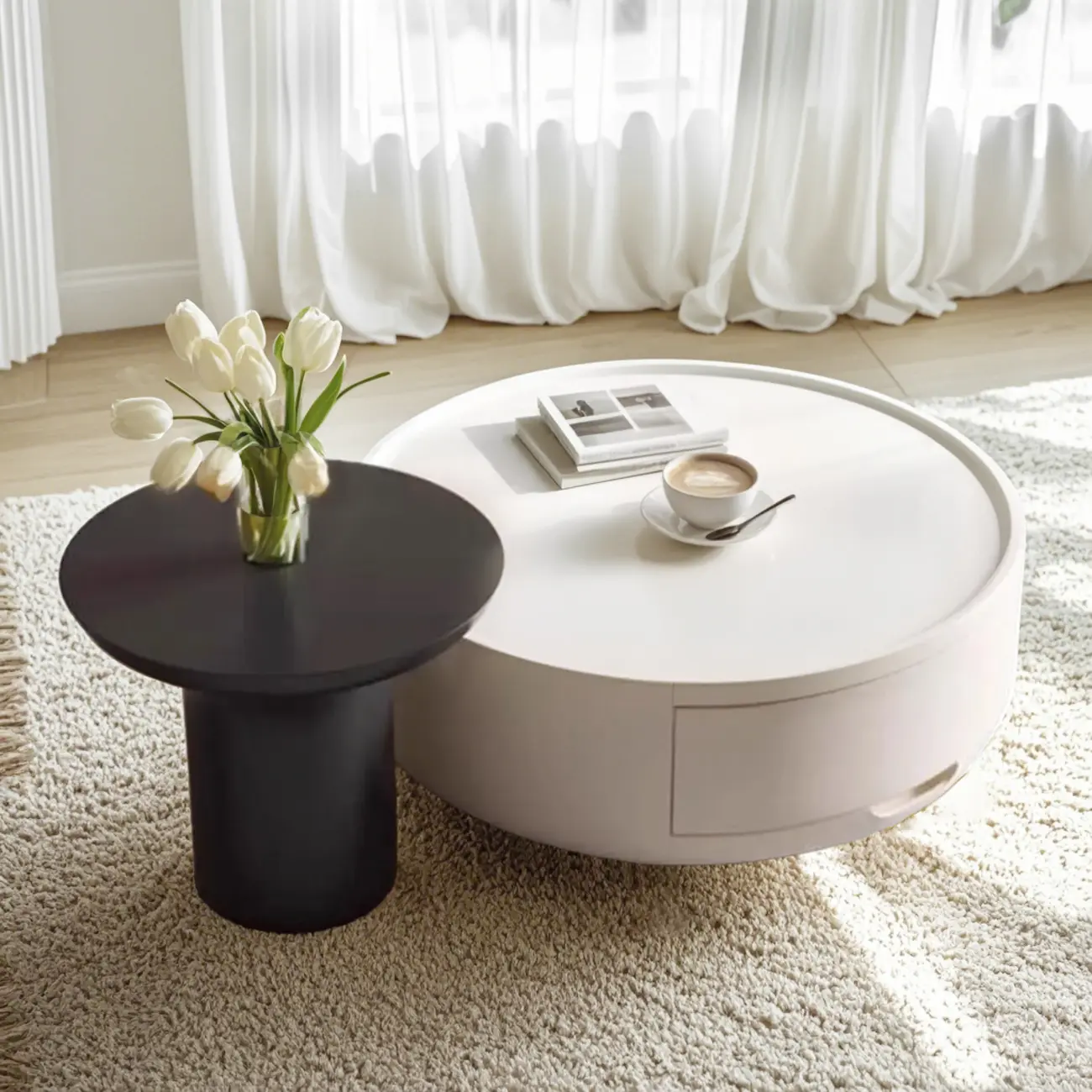 Modern Wood Black White Round Drawer Coffee Table Image - 4 | homeyfad