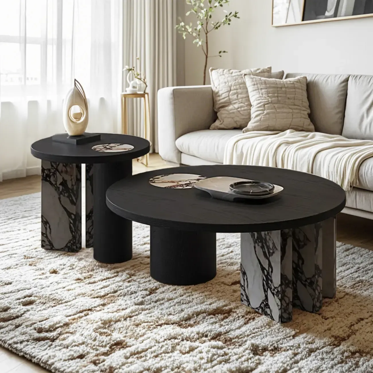 Black Round Modern Double Pedestal Wood Coffee Table Image - 1