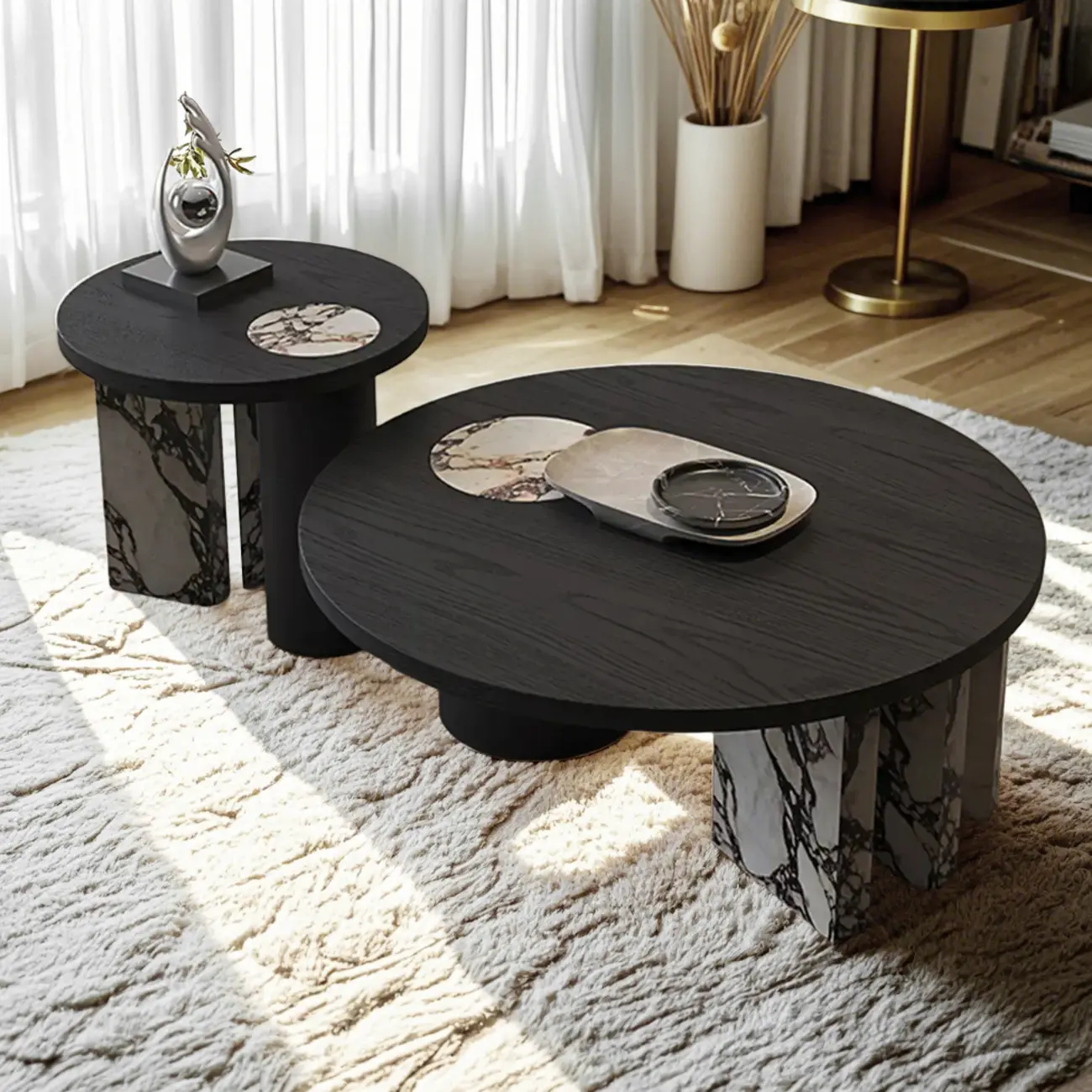 Black Round Modern Double Pedestal Wood Coffee Table Image - 2 | homeyfad