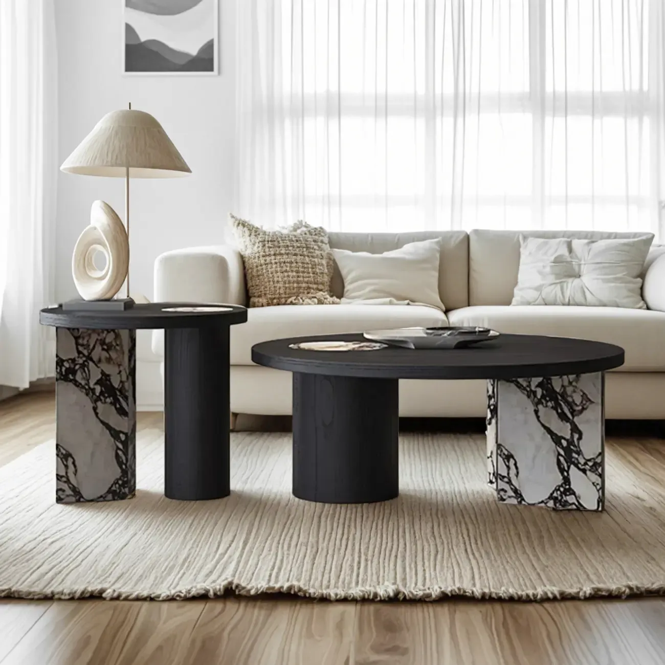 Black Round Modern Double Pedestal Wood Coffee Table Image - 3