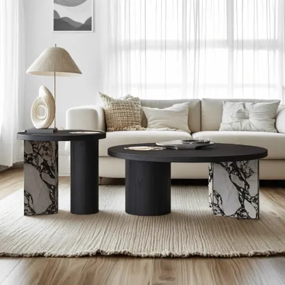 Black Round Modern Double Pedestal Wood Coffee Table Image - 3