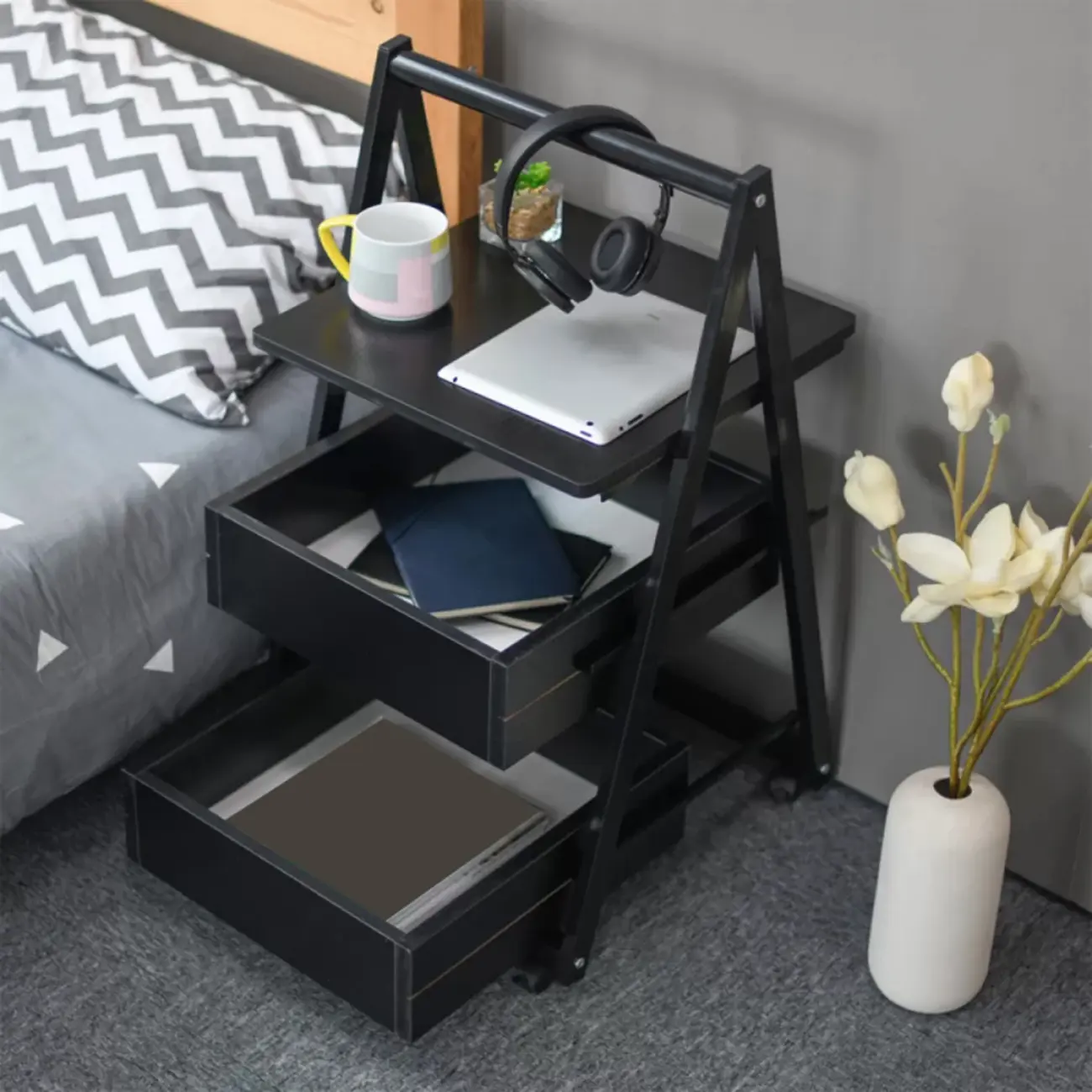 Modern Wooden Nightstand with Rolling Storage Shelves Image - 2 | homeyfad