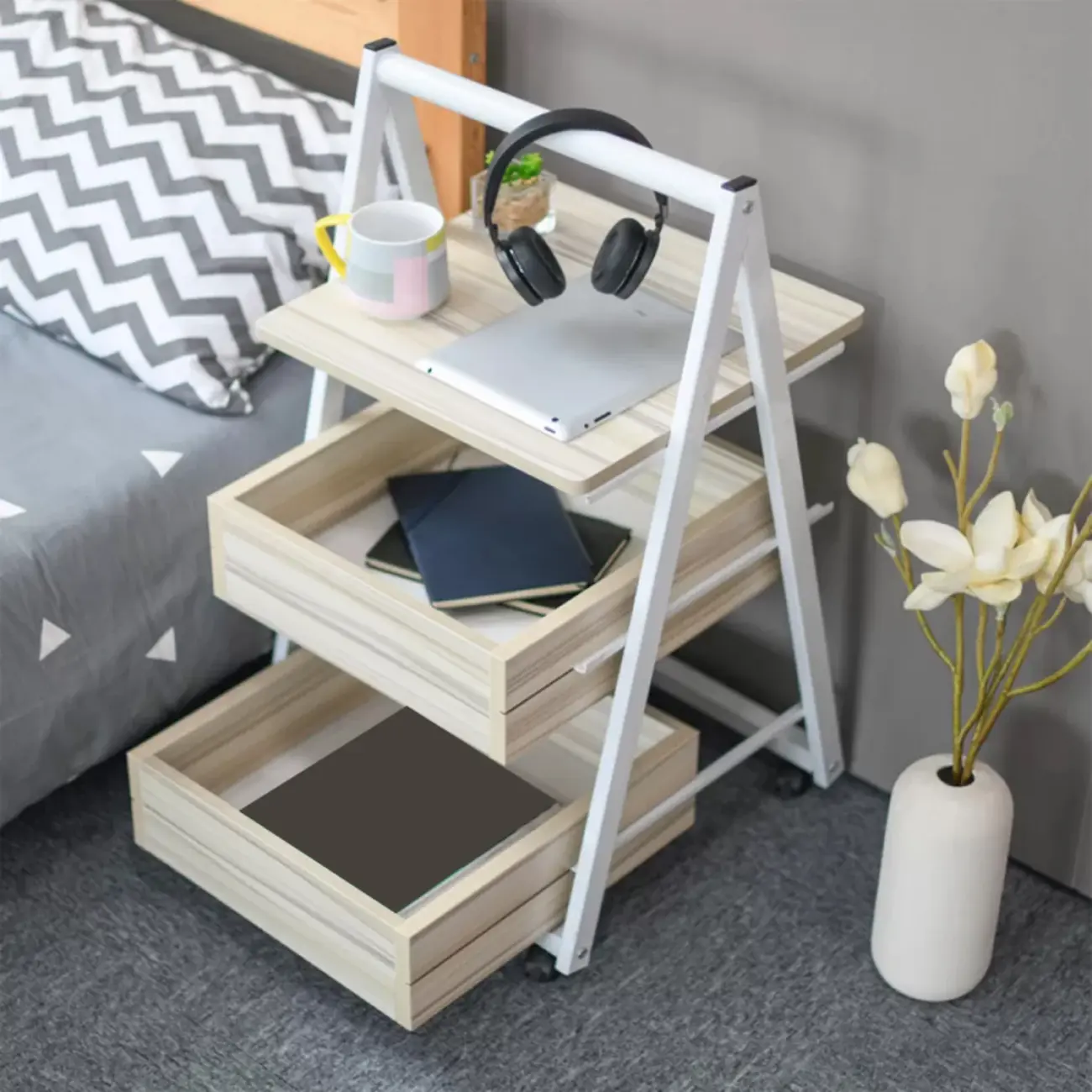 Modern Wooden Nightstand with Rolling Storage Shelves Image - 1 | homeyfad