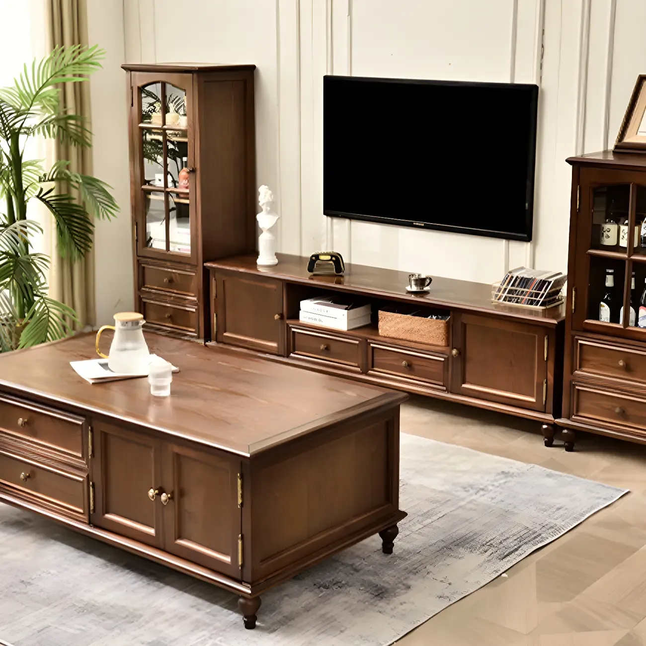 Traditional 2-Drawer Solid Wood China Cabinet with Glass Door Image - 4