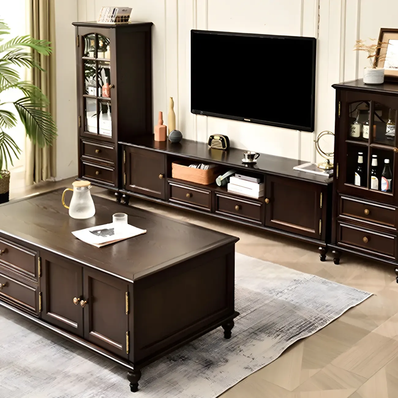 Traditional 2-Drawer Solid Wood China Cabinet with Glass Door Image - 6