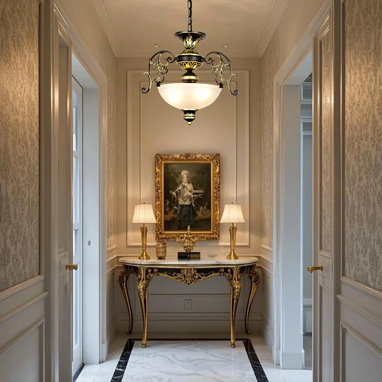 Traditional Retro Metal Bowl Glass Small Foyer Chandelier Image - 2 | homeyfad