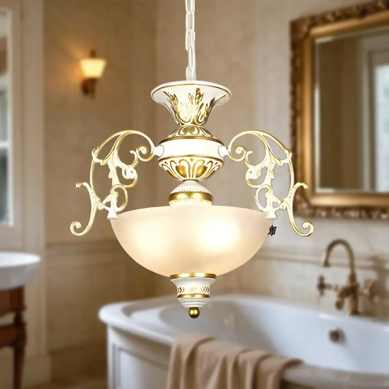 Traditional Retro Metal Bowl Glass Small Foyer Chandelier Image - 3