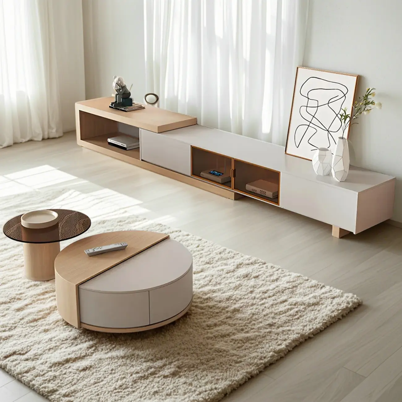 Natural Round Nordic Wood Coffee Table with Storage Image - 2 | homeyfad
