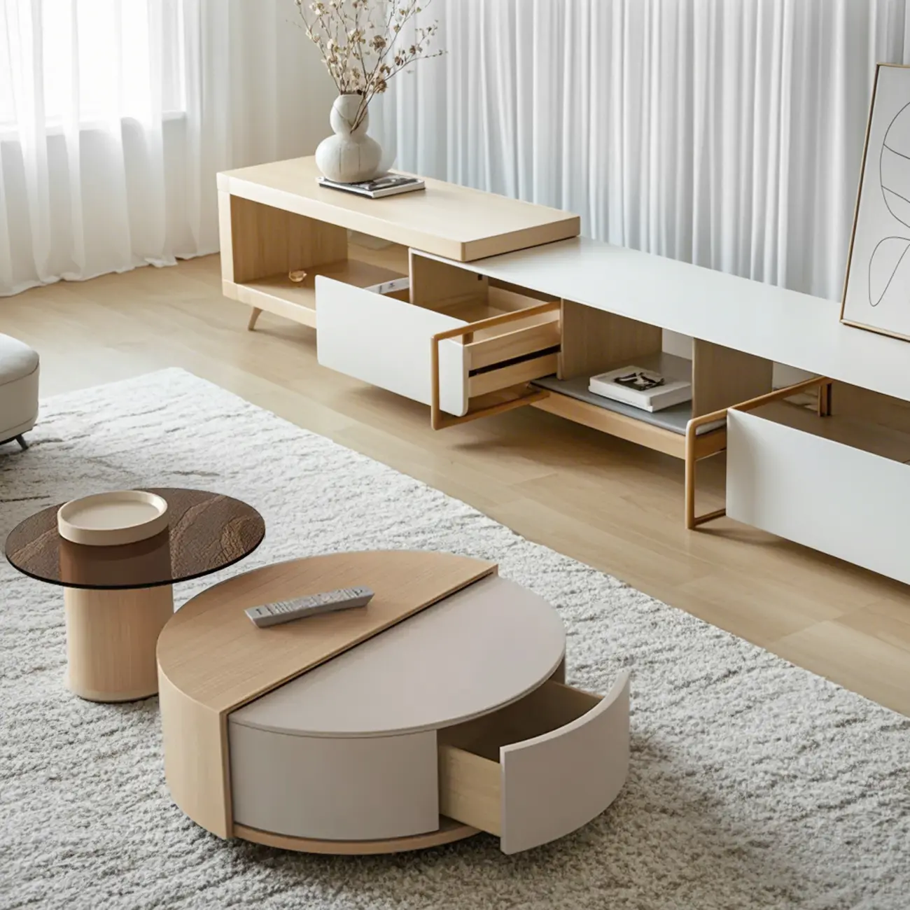 Natural Round Nordic Wood Coffee Table with Storage Image - 4 | homeyfad