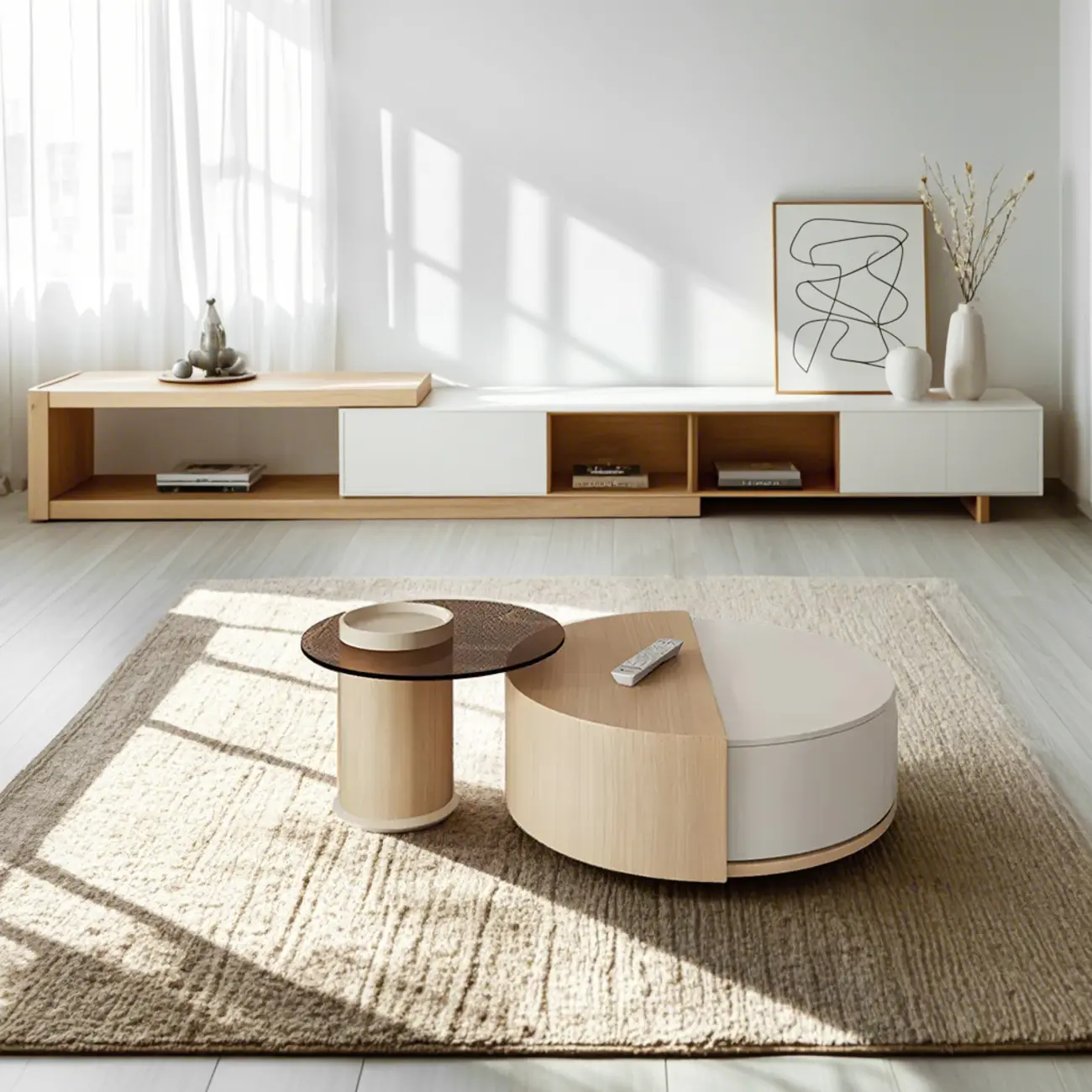 Natural Round Nordic Wood Coffee Table with Storage Image - 1 | homeyfad