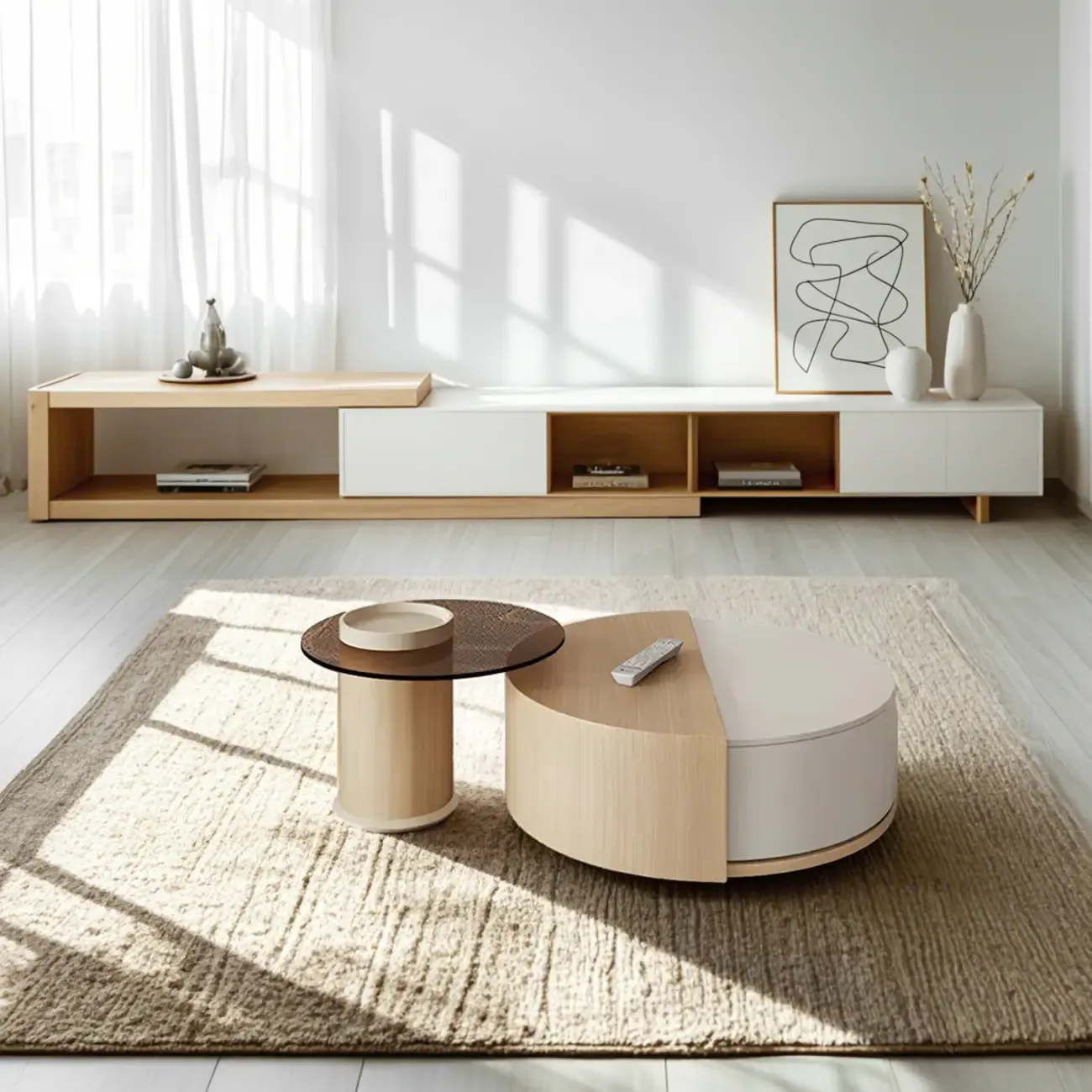 Natural Round Nordic Wood Coffee Table with Storage Image - 1