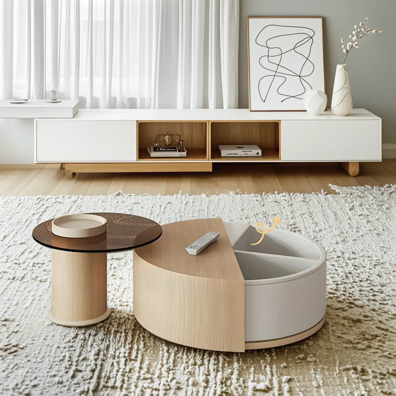 Natural Round Nordic Wood Coffee Table with Storage Image - 10 | homeyfad