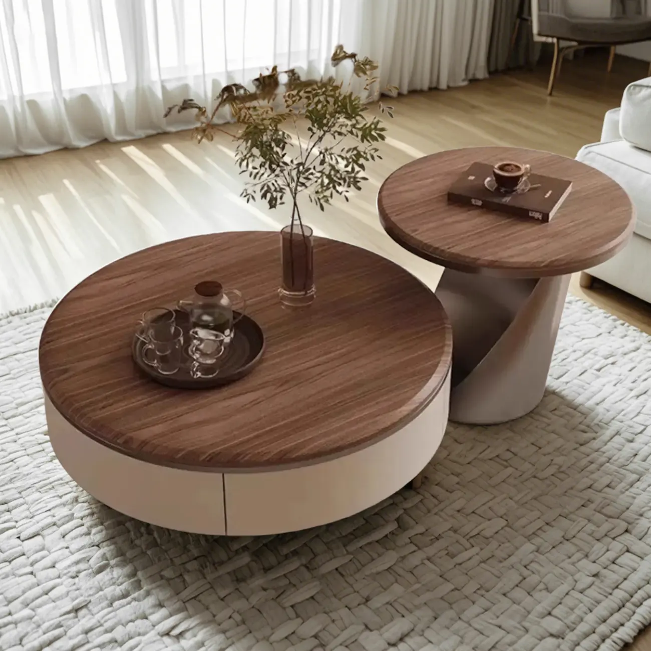 Brown 2 Drawers Elegant Round Wood Coffee Table Image - 1 | homeyfad