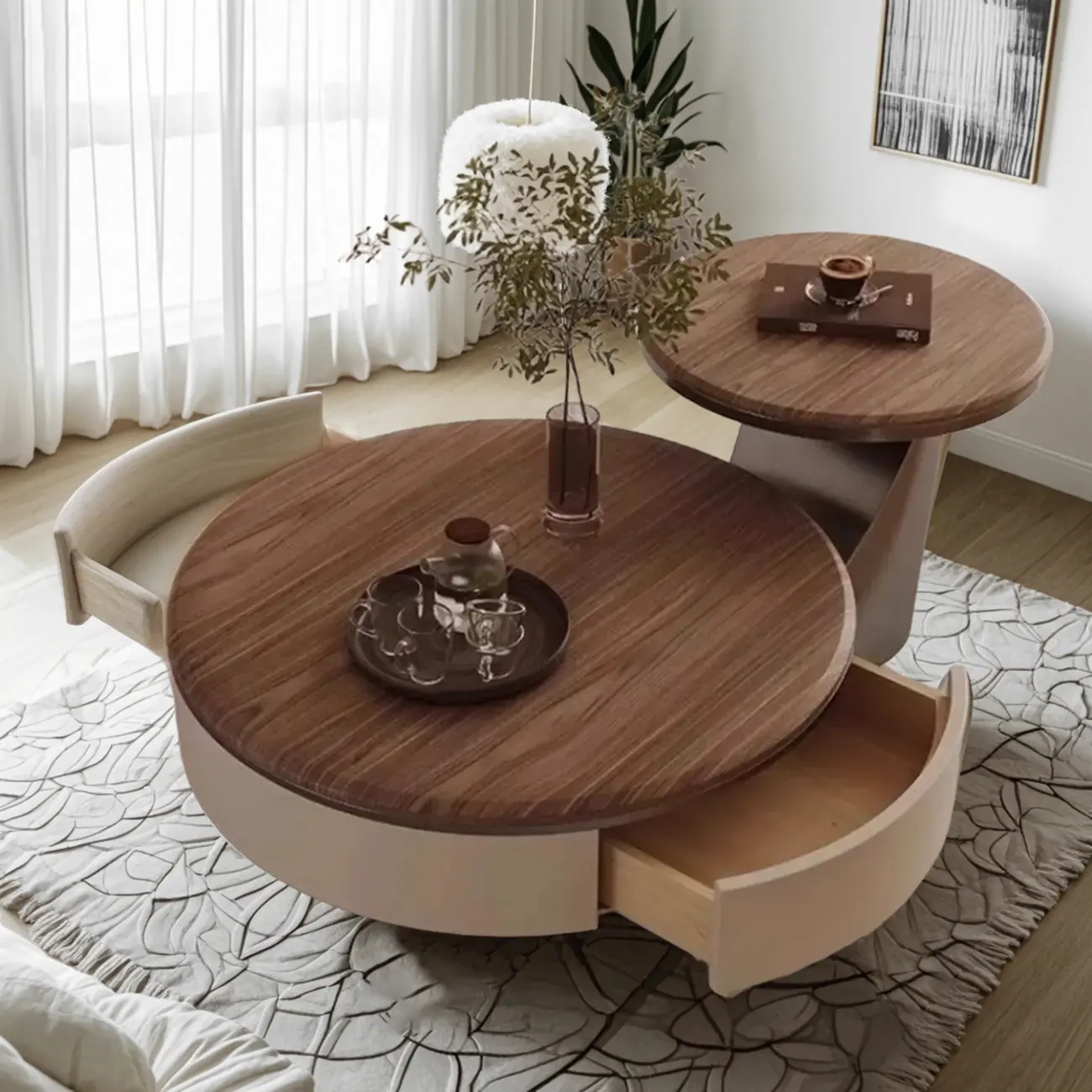 Brown 2 Drawers Elegant Round Wood Coffee Table Image - 5 | homeyfad