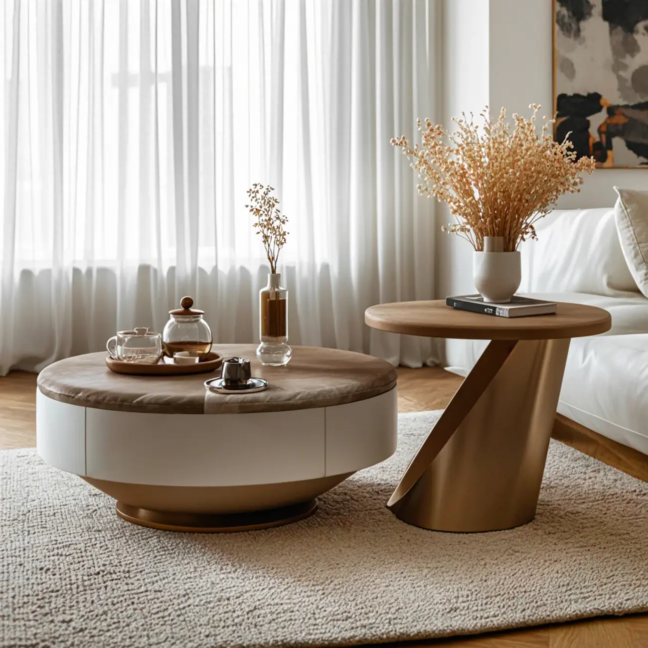 Brown 2 Drawers Elegant Round Wood Coffee Table Image - 2 | homeyfad