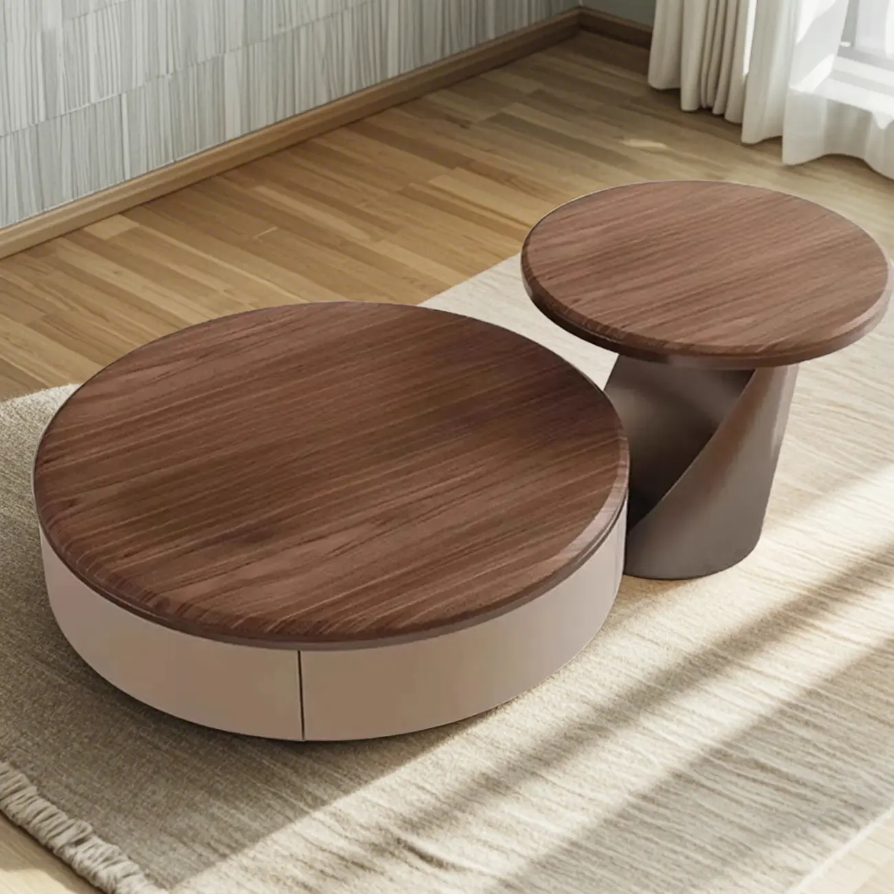 Brown 2 Drawers Elegant Round Wood Coffee Table Image - 4 | homeyfad