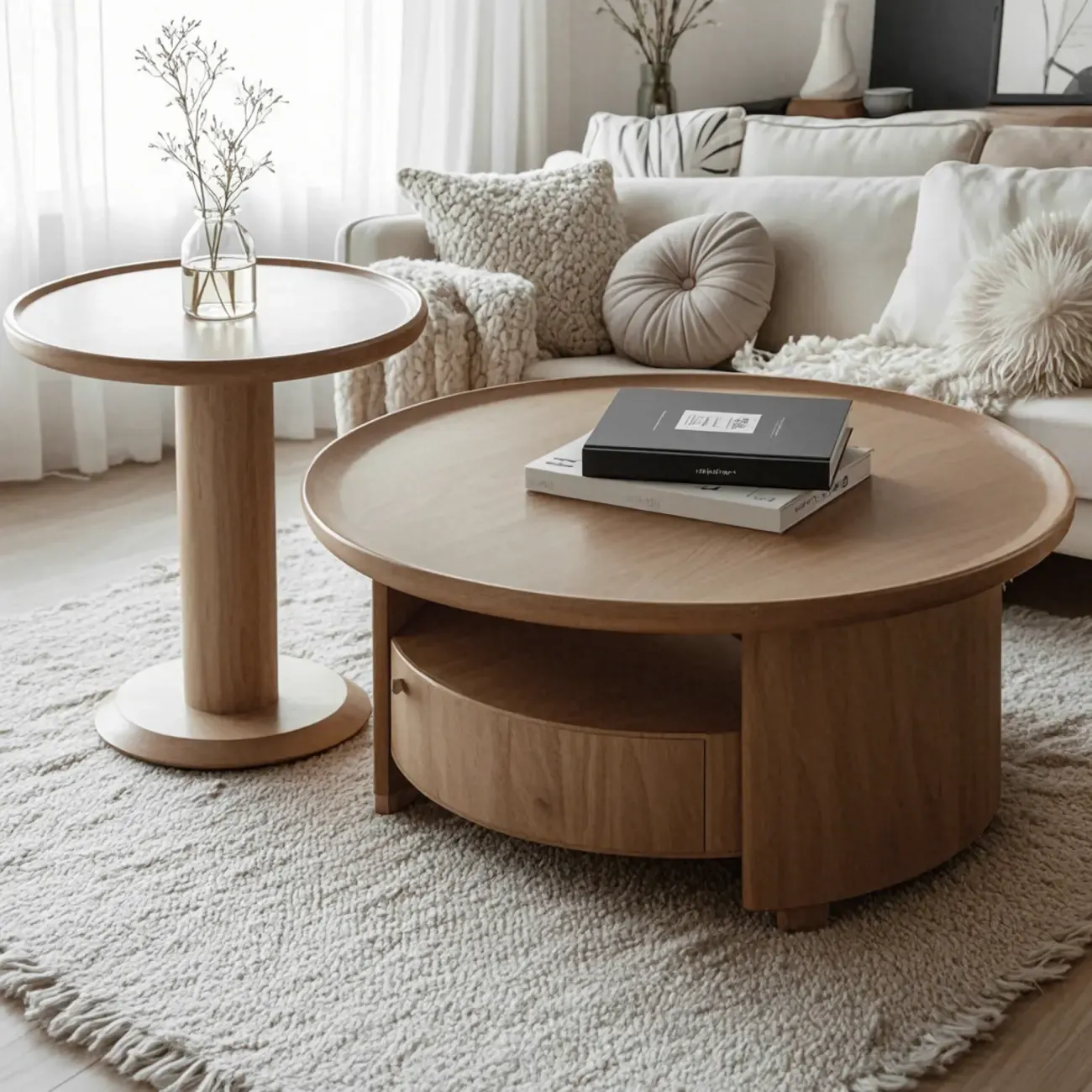 Brown Round Drawer Scandinavian Wood Coffee Table Image - 1