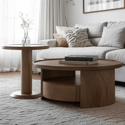 Brown Round Drawer Scandinavian Wood Coffee Table Image - 2