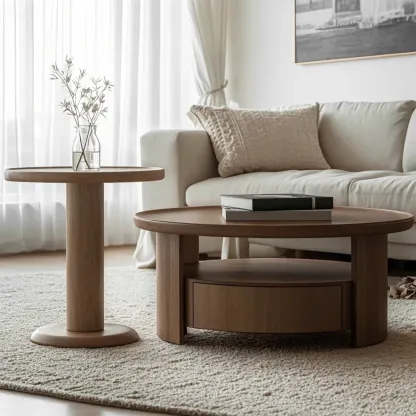 Brown Round Drawer Scandinavian Wood Coffee Table Image - 3