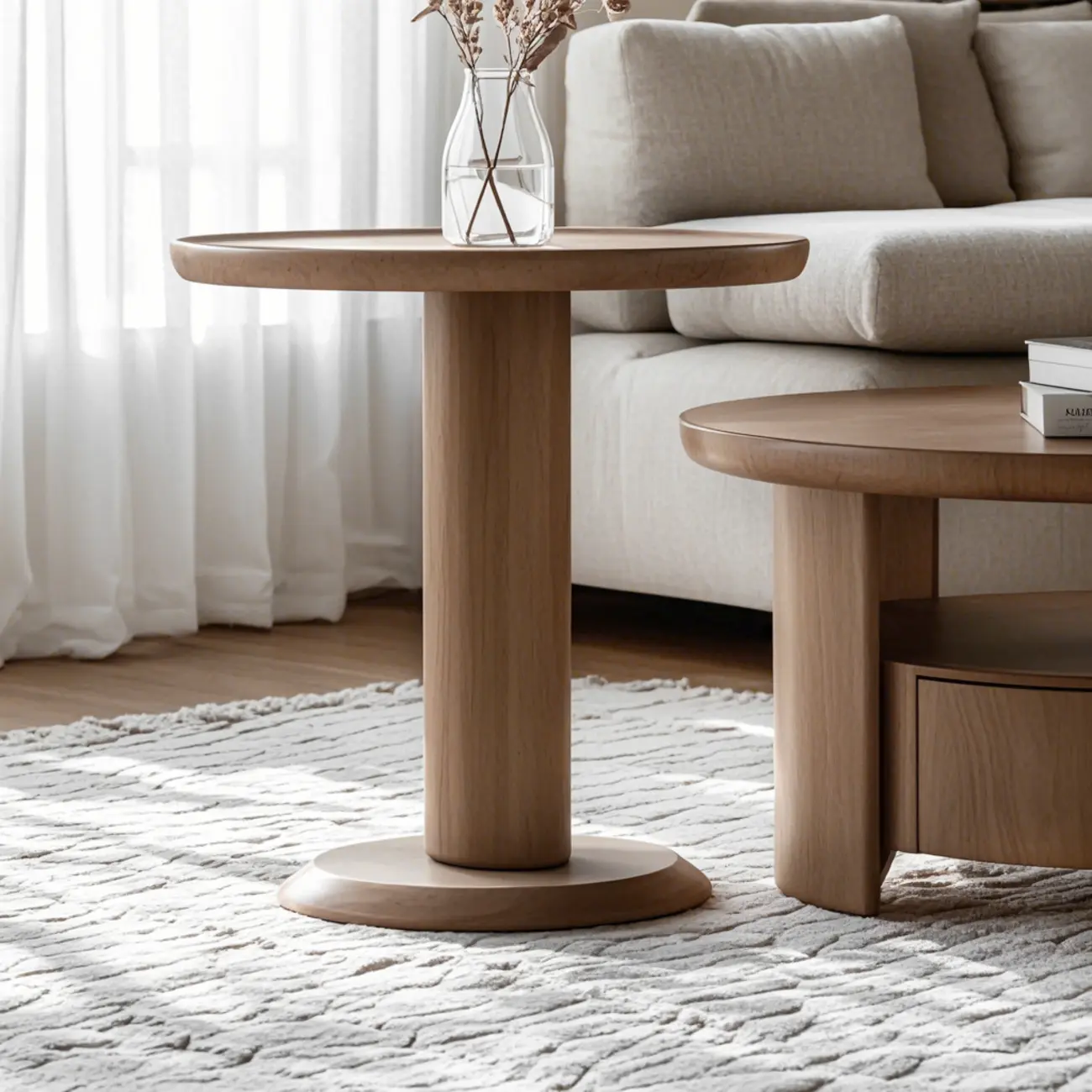 Brown Round Drawer Scandinavian Wood Coffee Table Image - 4 | homeyfad