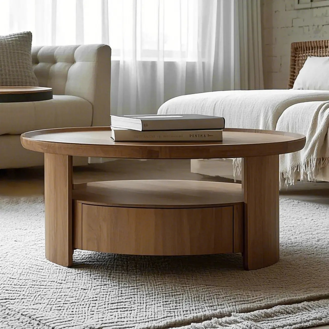 Brown Round Drawer Scandinavian Wood Coffee Table Image - 5