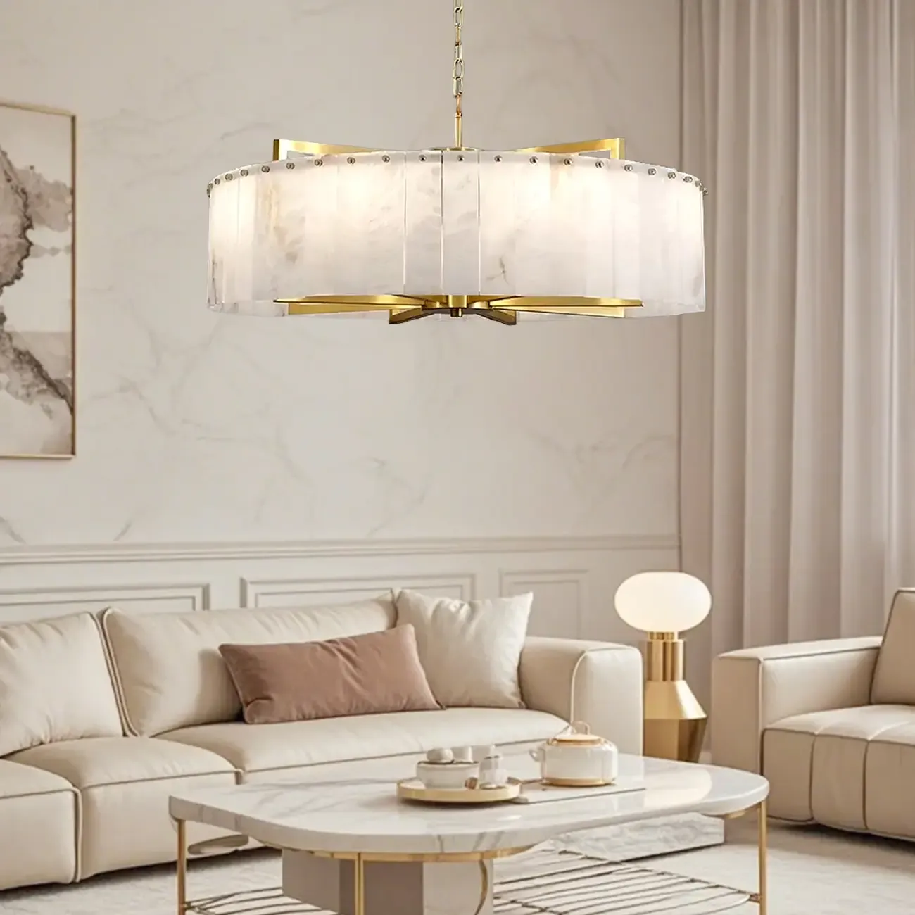 Adjustable Round Marble Chandelier with Sheet Lampshade Image - 1