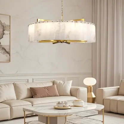 Adjustable Round Marble Chandelier with Sheet Lampshade Image - 1