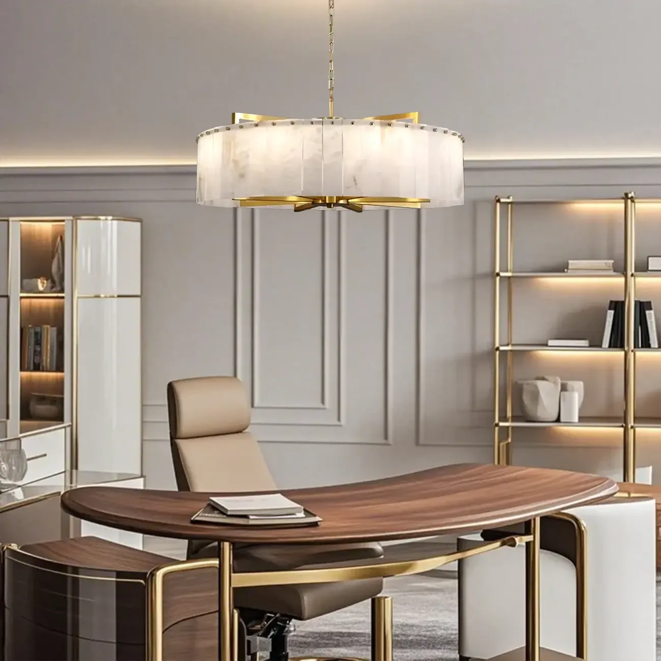 Adjustable Round Marble Chandelier with Sheet Lampshade Image - 2
