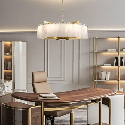 Adjustable Round Marble Chandelier with Sheet Lampshade Image - 2