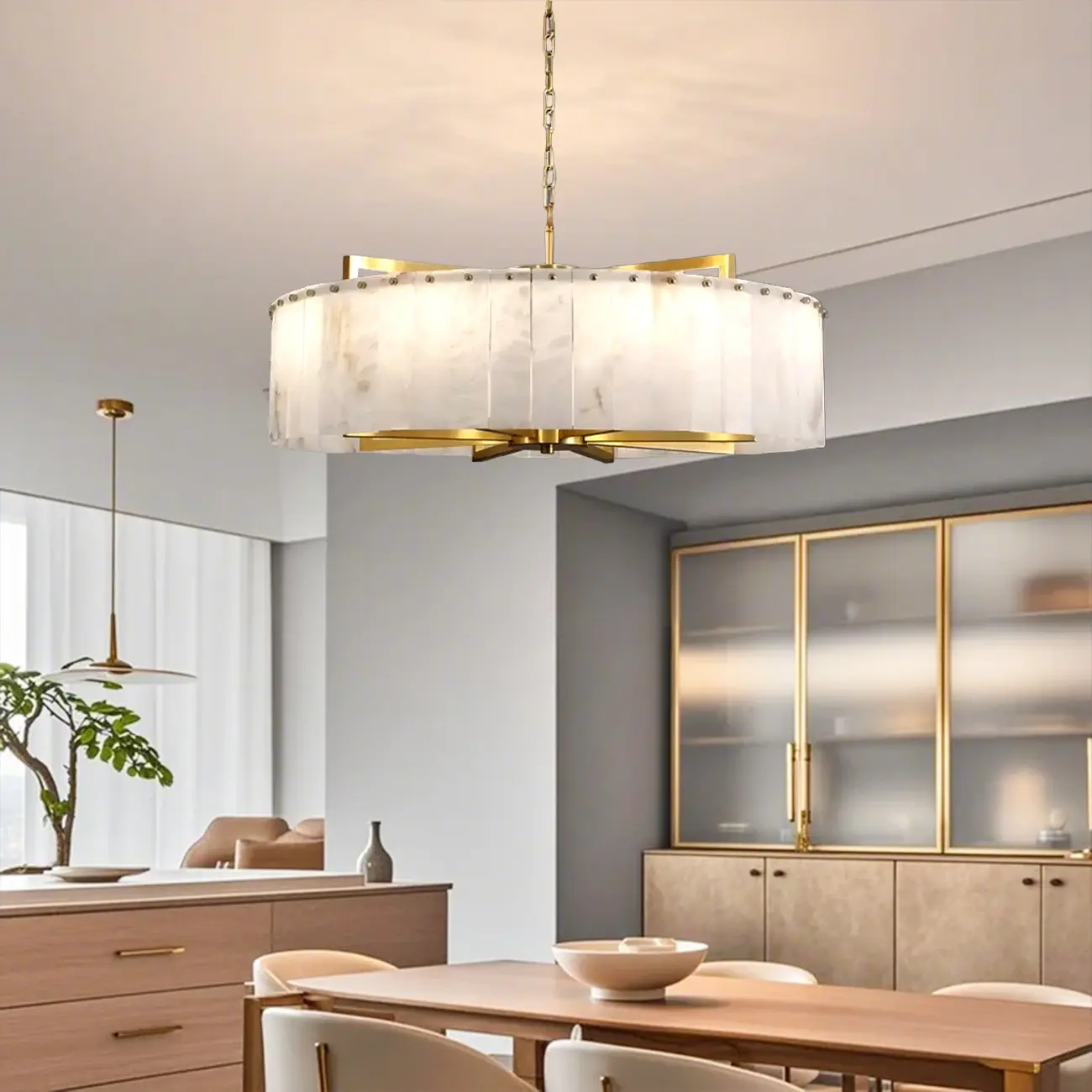 Adjustable Round Marble Chandelier with Sheet Lampshade Image - 3 | homeyfad