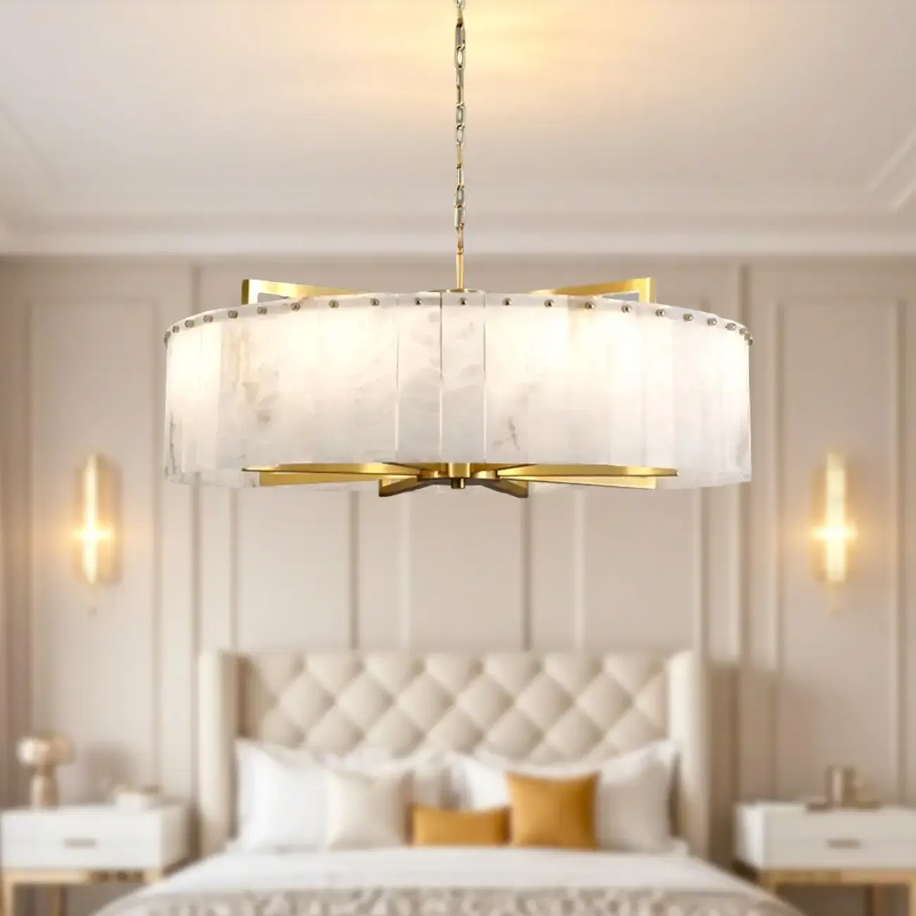 Adjustable Round Marble Chandelier with Sheet Lampshade Image - 4