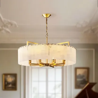 Adjustable Round Marble Chandelier with Sheet Lampshade Image - 6